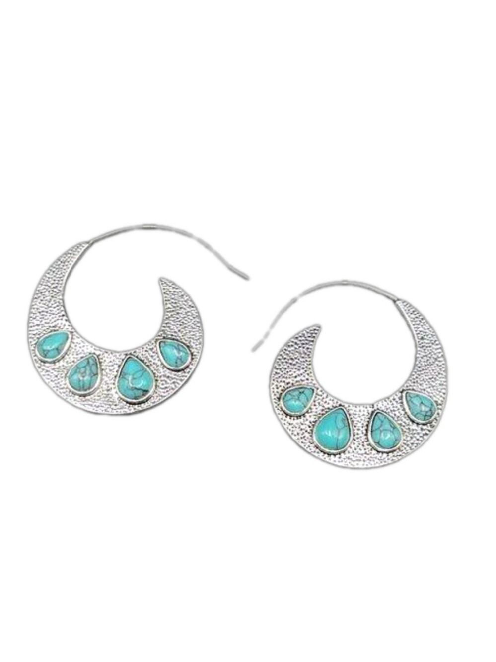 Medium Silver Tone Feather Spiral Earrings in Turquoise Blue #1320
